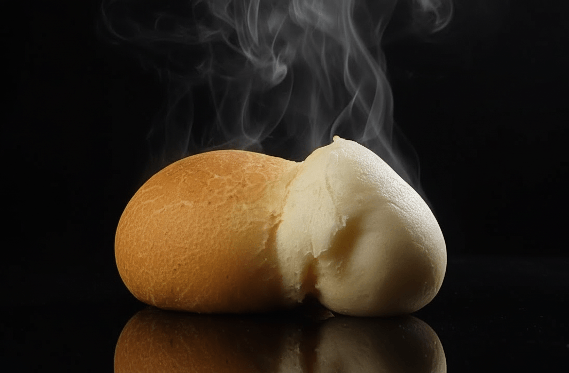 Pandebono humeante con máxima expansión